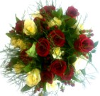 Deliver a bunch of red and white roses in gift wrap - click to enlarge